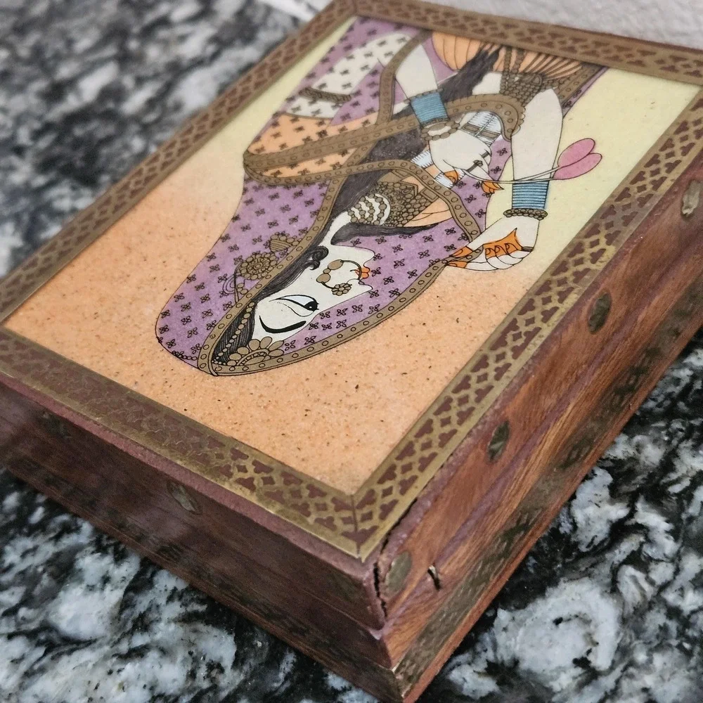 Vintage Indian Hand Painted Miniature Portrait Wood Jewelry Box Brass Inlay 5x4